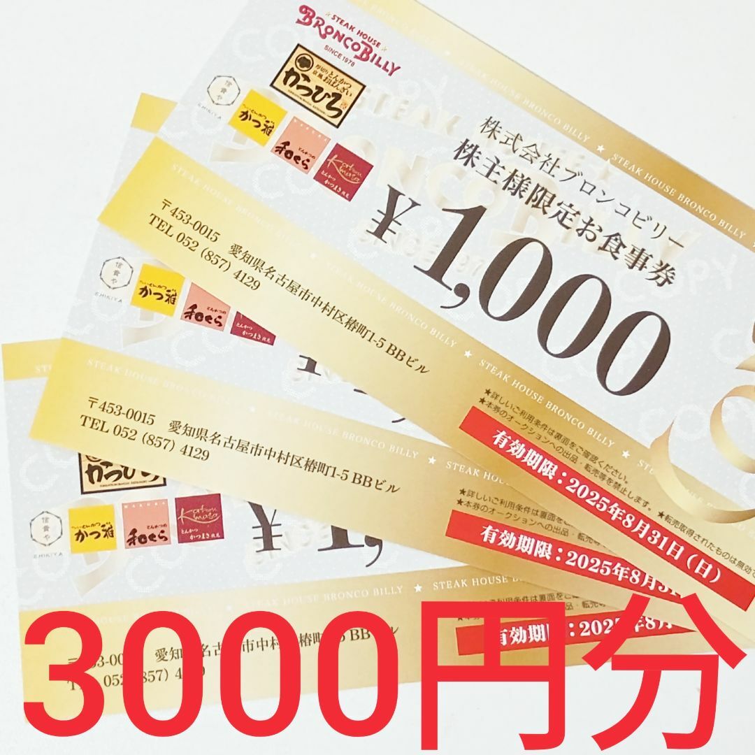 【匿名配送】ブロンコビリー 株主様限定お食事券3000円分■株主優待 チケットの優待券/割引券(レストラン/食事券)の商品写真