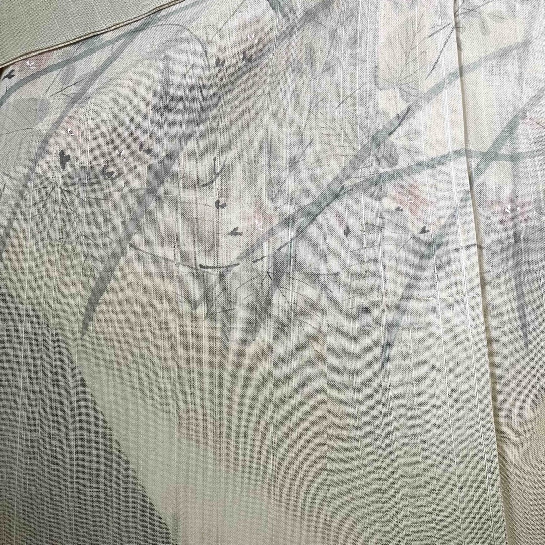 素敵な夏の訪問着 柳茶裾ぼかし 亜麻色紗紬 女郎花秋草文様 紗紬