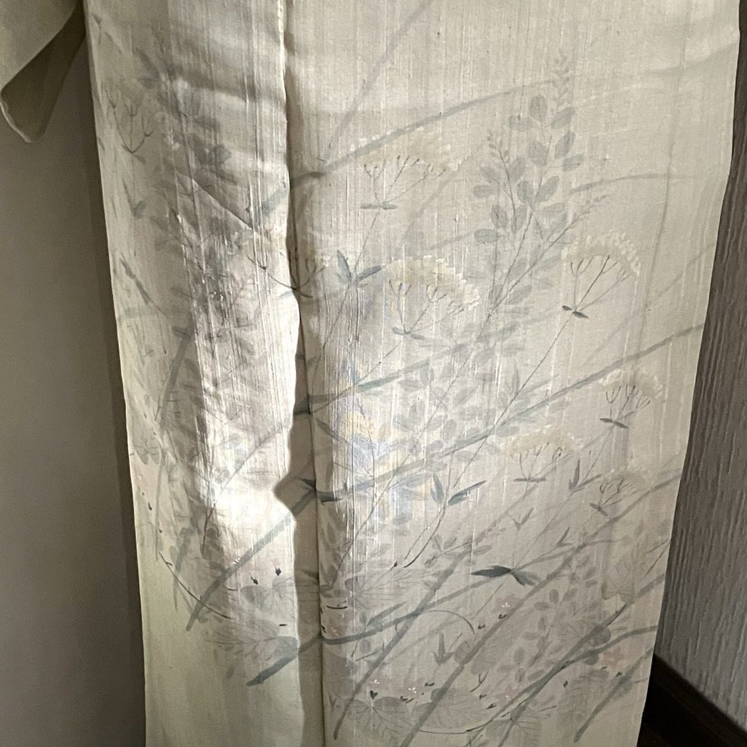 豪華 素敵な夏の訪問着 柳茶裾ぼかし 亜麻色紗紬 女郎花秋草文様 紗紬 着物・浴衣