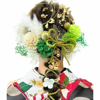 【色:グリーン】[JZOON] 髪飾り 10色 ドライフラワー 造花飾り 水引 (その他)