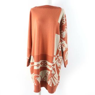 エルメス(HERMES)の未使用品☆HERMES エルメス 22AW 2E2506D2 CLIQUETIS クリケティス カシミヤ100％ シェーヌダンクル 長袖 ニット ワンピース オレンジ系 40 イタリア製 正規品 レディース(ひざ丈ワンピース)