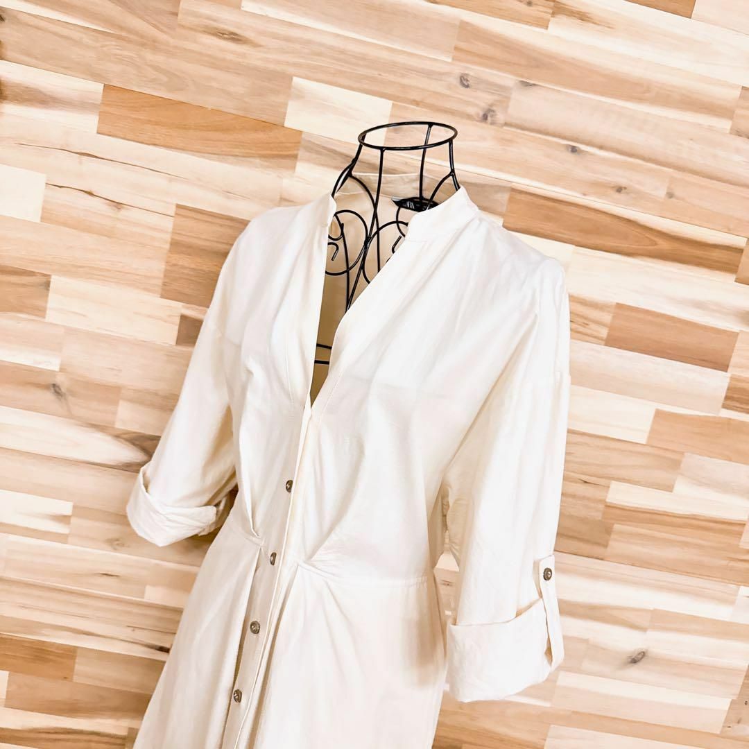 【ザラ】コットン100% 七分丈ロールアップ ロング ワンピース XSアイボリー ZARA - 【ザラ】コットン100% 七分丈ロールアップ ロング