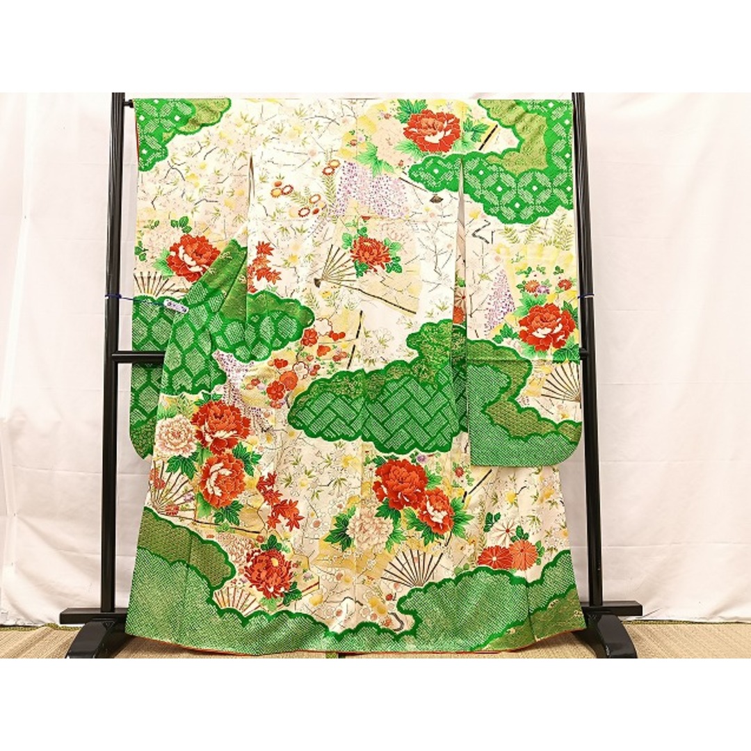 平和屋着物□豪華振袖 絞り 駒刺繍 雲取り扇面花文 金彩 正絹 平和屋着物□豪華振袖 絞り 駒刺繍 雲取り扇面花文 金彩 正絹