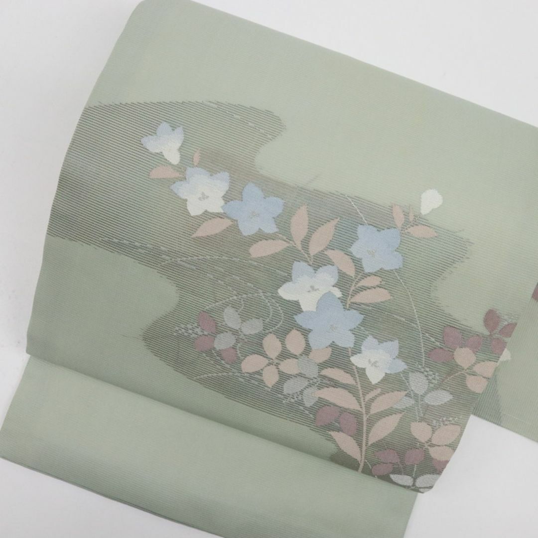 注目ショップ・ブランドのギフト 淡い緑 霞に秋草花模様 絽 夏＊名古屋帯 和装 正絹 普段着物 着物・浴衣