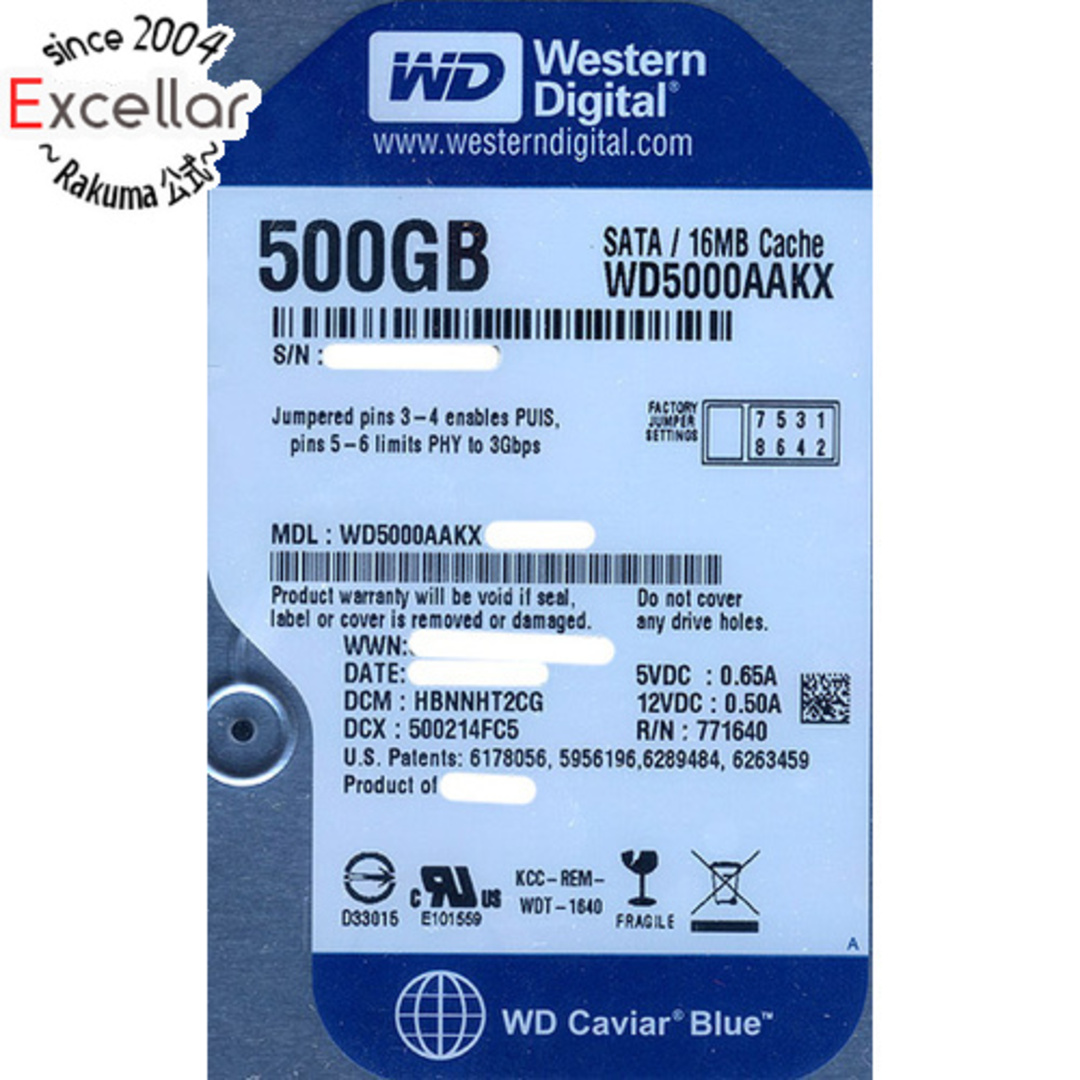 Western Digital(ウエスタンデジタル)のWestern Digital製HDD WD5000AAKX 500GB SATA600 7200 7000~8000時間以内 スマホ/家電/カメラのPC/タブレット(PC周辺機器)の商品写真