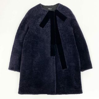 ポールカ(PAULE KA)の51f3 PAULE KA ポールカ ノーカラーコート ムートンコート リアルファー レザー サイズ36 パープル ブラック レディース 女性用 コート アウター(ムートンコート)
