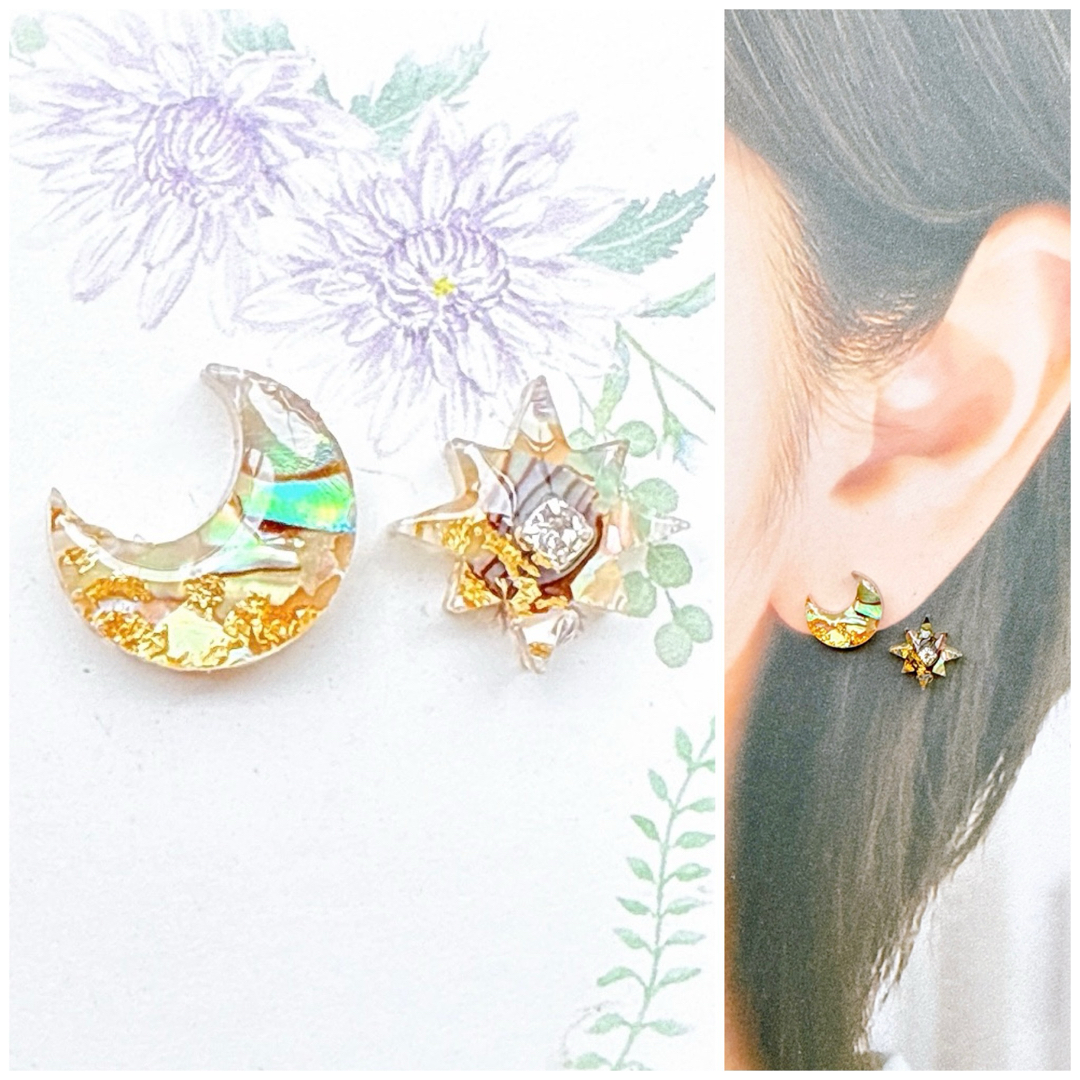 マーブルベージュ11mm月ピアス/イヤリング ハンドメイドのアクセサリー(ピアス)の商品写真
