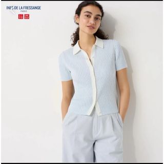 UNIQLO - ユニクロ　イネス　リブボーダーポロカーディガン　L