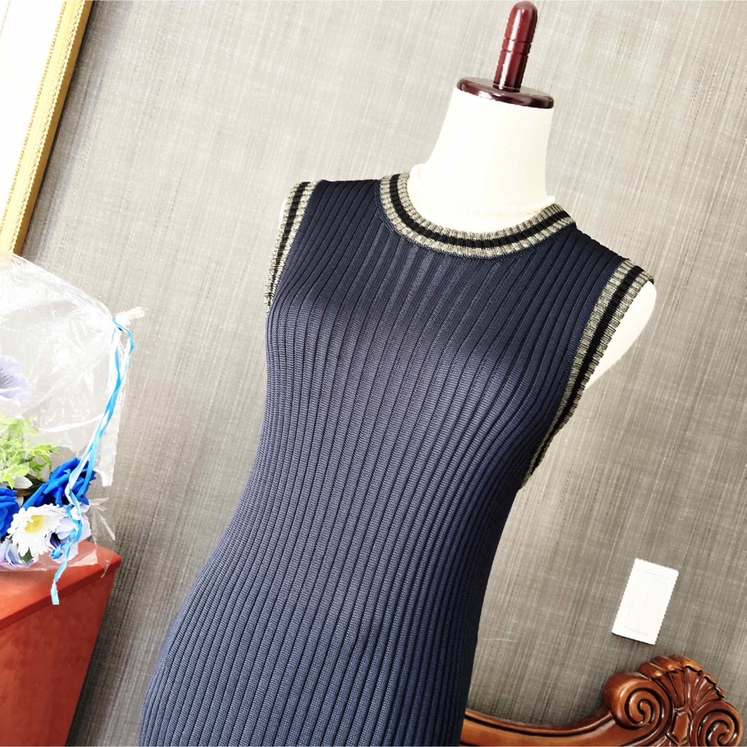 【500円引きクーポン】 PRADAプラダ 極美品 - PRADA パイピング サマーニット ネイビー ワンピース