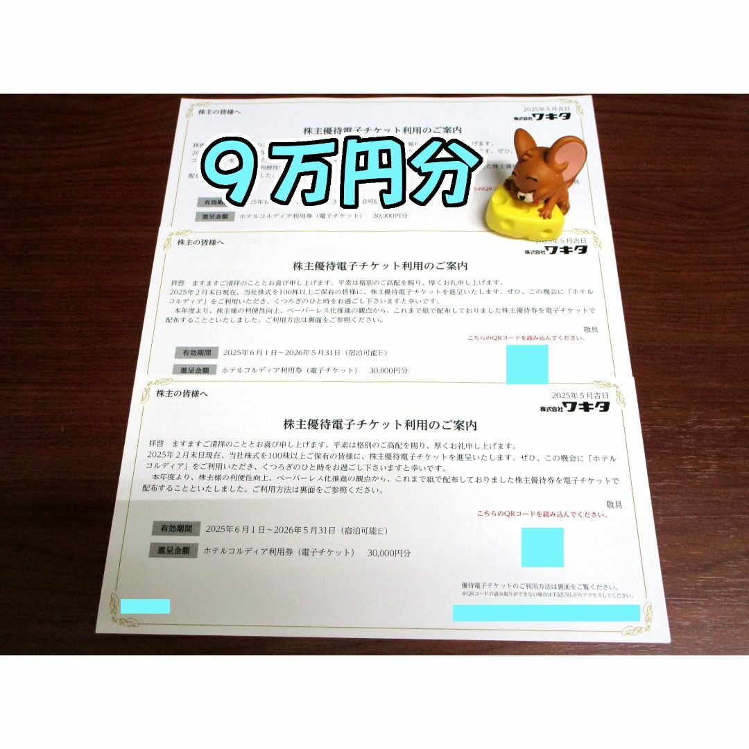 9万円分★ワキタ 株主優待券 (30000円×3枚) コルディア★ #4591 チケットの優待券/割引券(宿泊券)の商品写真