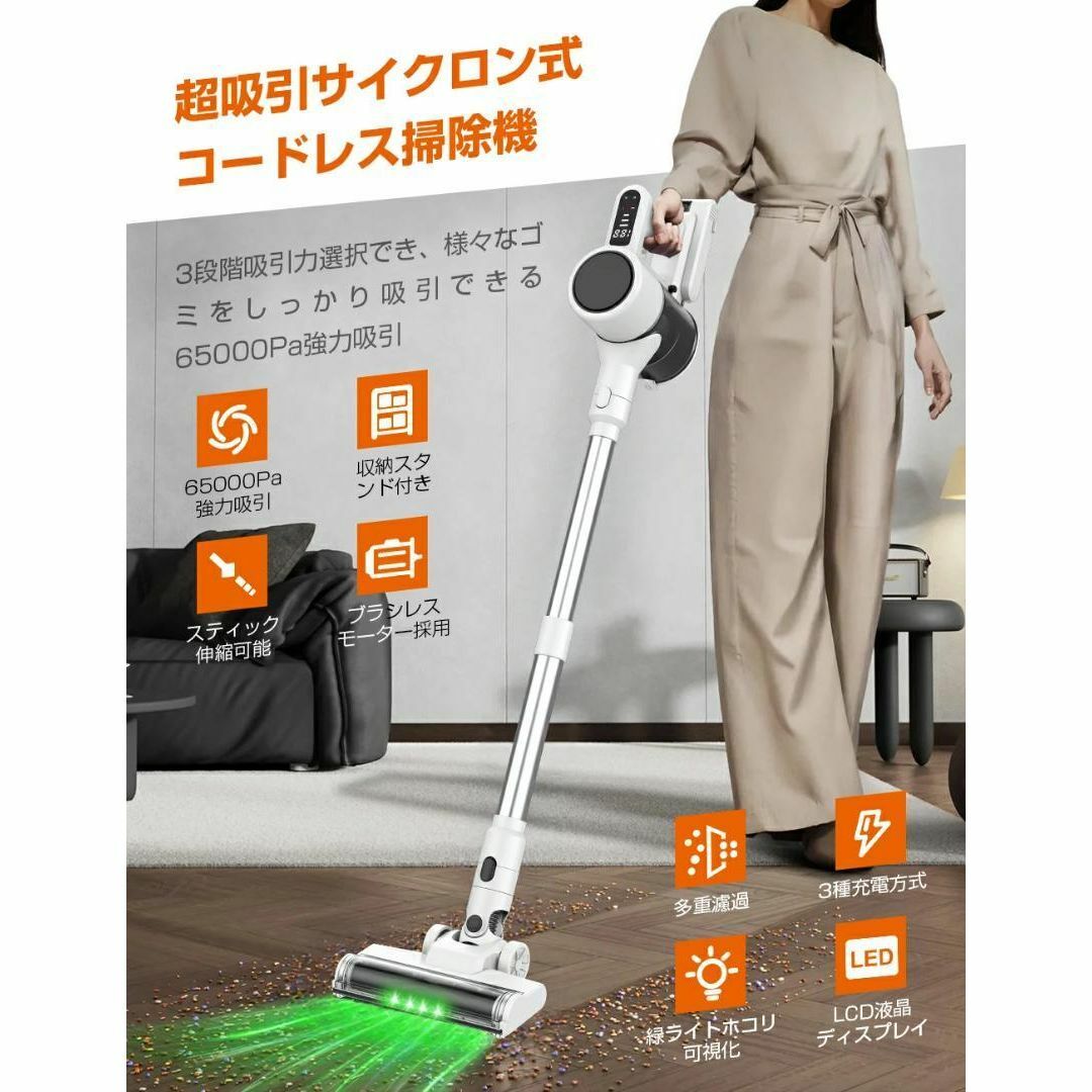 コードレス掃除機 65Kpa 強力吸引 60分連続稼働 自立式スタンド LED コードレス掃除機 65Kpa 強力吸引 60分連続稼働 自立式スタンド LED
