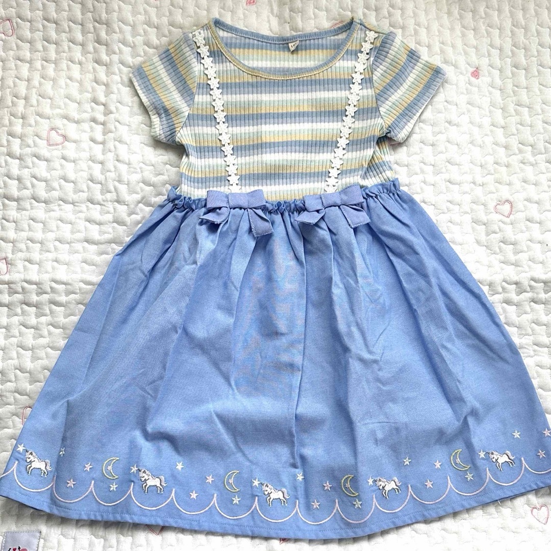 AEON(イオン)のイオン♡ドッキングワンピース ブルー ユニコーン ボーダー サイズ110 夏服 キッズ/ベビー/マタニティのキッズ服女の子用(90cm~)(ワンピース)の商品写真