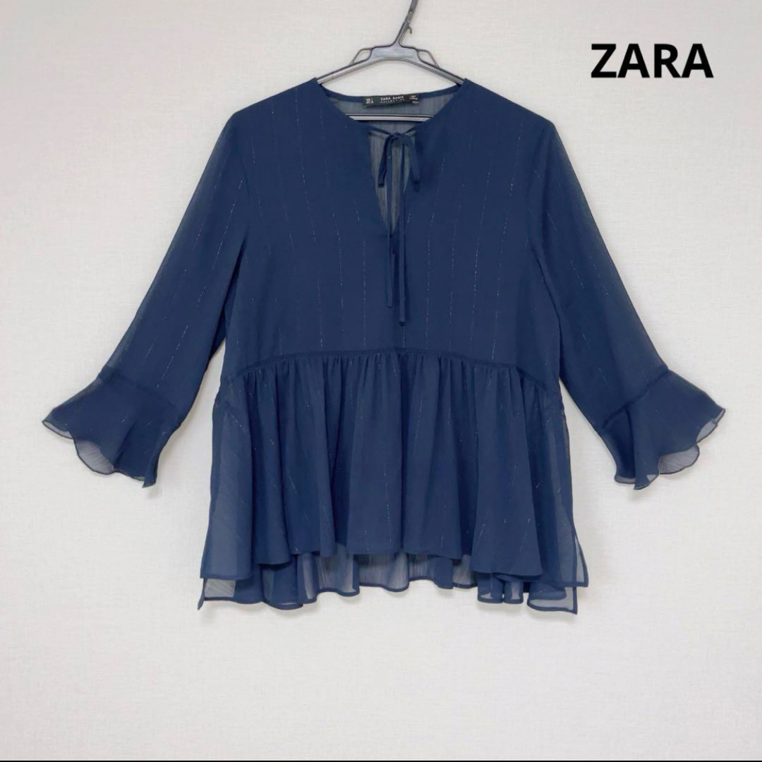 ZARA(ザラ)の♡美品♡ ZARA ブラウス　フリル　ペプラム　キラキラ　L レディースのトップス(シャツ/ブラウス(長袖/七分))の商品写真