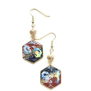 和風　黒×赤　龍と鳳凰　六角形　ピアス(ピアス)