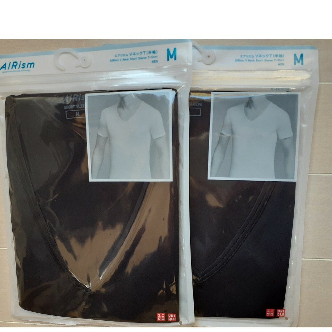 UNIQLO(ユニクロ)のユニクロ エアリズム M 黒 Vネック T 半袖 2枚セット メンズのトップス(Tシャツ/カットソー(半袖/袖なし))の商品写真