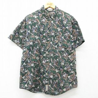 コロンビア(Columbia)のL★古着 コロンビア COLUMBIA 半袖 ハワイアン シャツ メンズ 90年代 90s 魚 ルアー ボタンダウン 緑他 グリーン 【spe】 25jun05 中古 アロハ トップス(シャツ)