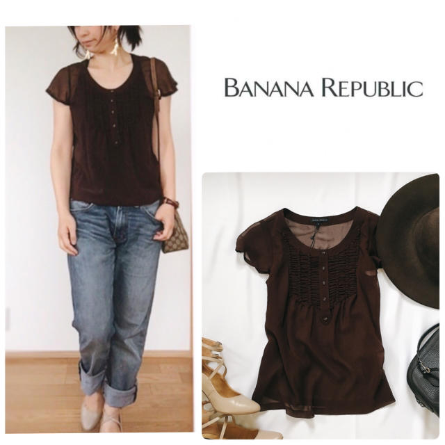 Banana Republic(バナナリパブリック)の【新品】バナリパ シフォンブラウス 半袖 チャコール ブラウン レディースのトップス(シャツ/ブラウス(半袖/袖なし))の商品写真