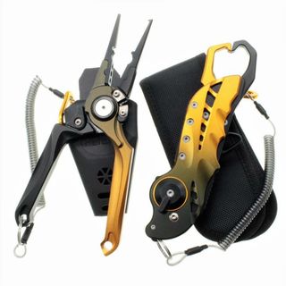 折り畳み式 フィッシュグリップ フィッシングプライヤー ブラックゴールド セット(ルアー用品)