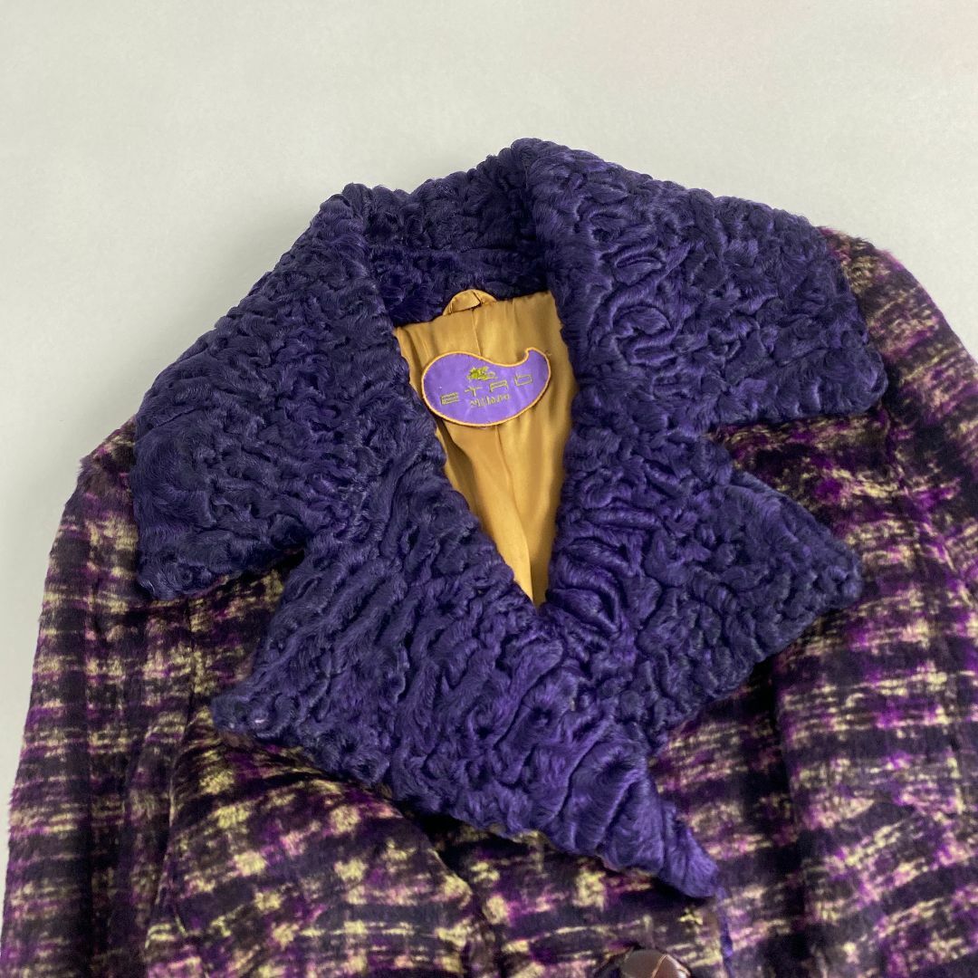 安い割引 エトロ - ETRO 毛皮コート 紫 くるみボタン 総柄 チェック 希少 ジャケット・アウター