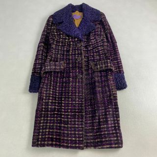 エトロ(ETRO)のエトロ　毛皮コート　希少　チェック　総柄　くるみボタン　紫　ロング丈　42(毛皮/ファーコート)