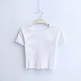 【新品未使用品】Tシャツ　サマーニット　ショート　韓国　ラウンドネック　M(Tシャツ(半袖/袖なし))