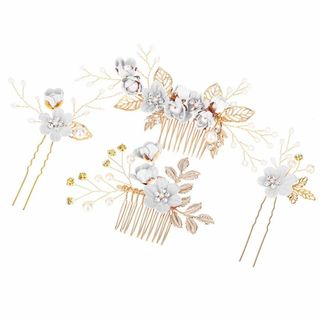【色:ホワイト】髪飾り ヘアアクセサリー ヘッドドレス ウェディング 4点セット(その他)