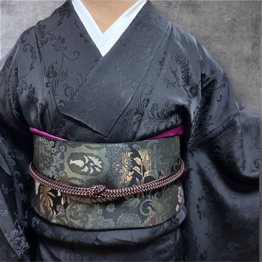 ☆金銀オリエンタル更紗‼️六通柄袋帯 花唐草 暈し 正絹 黒地の