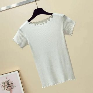 【新品未使用品】サマーニット　Tシャツ　白　薄手　ラウンドネック　韓国　レトロ(Tシャツ(半袖/袖なし))