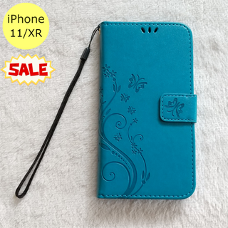 セール かわいい 蝶 手帳型 iPhone11/XR iPhoneケース 水色(iPhoneケース)