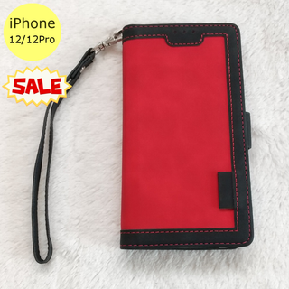 セール中♪ レトロ 手帳型 iPhone12/12Proケース レッド(iPhoneケース)