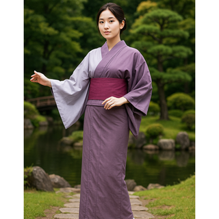 浴衣 単品 女性用 日本製 半身仕立て 綿100％ 藤紫色×ライトグレー(浴衣)
