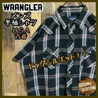 ラングラー(Wrangler)のラングラー ブランド チェック ブラック シャツ ボタン USA古着 半袖 黒(シャツ)