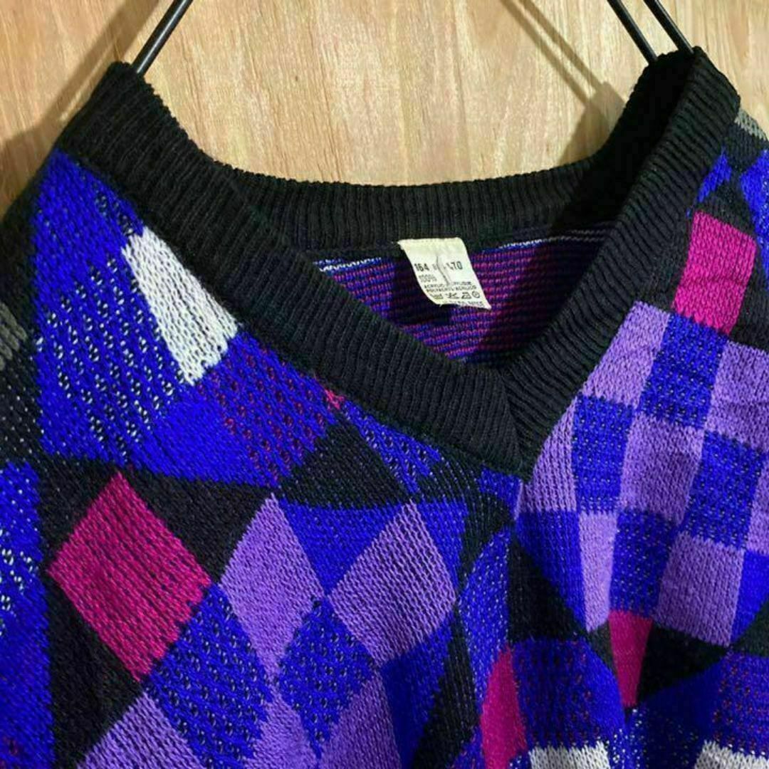 派手 Vネック ニット セーター ブルー パープル USA古着 90s 長袖 黒 メンズのトップス(ニット/セーター)の商品写真