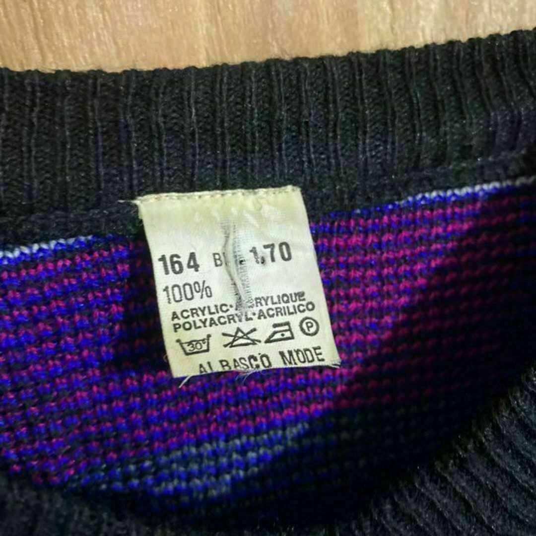 派手 Vネック ニット セーター ブルー パープル USA古着 90s 長袖 黒 メンズのトップス(ニット/セーター)の商品写真