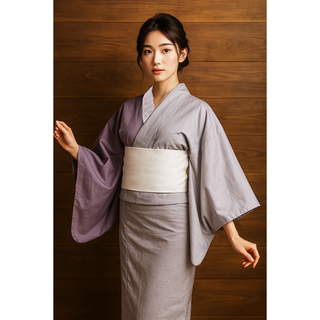浴衣 単品 女性用 日本製 半身仕立て 綿100％ ライトグレー×藤紫色(浴衣)