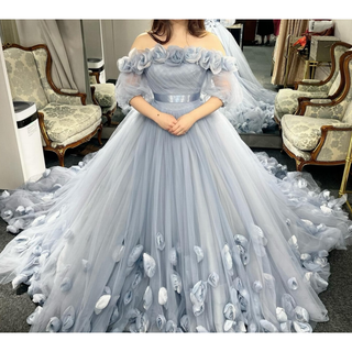 美品！カラードレス ブルー 花モチーフ オフショルダー パフスリーブ 花嫁(ウェディングドレス)