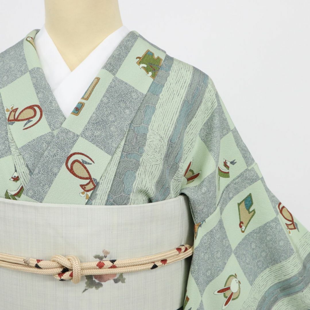【単衣】小紋 市松に干支模様 黄緑色 普段着物 正絹 カジュアル 5KG39 単衣】小紋 市松に干支模様 黄緑色 普段着物 正絹 カジュアル