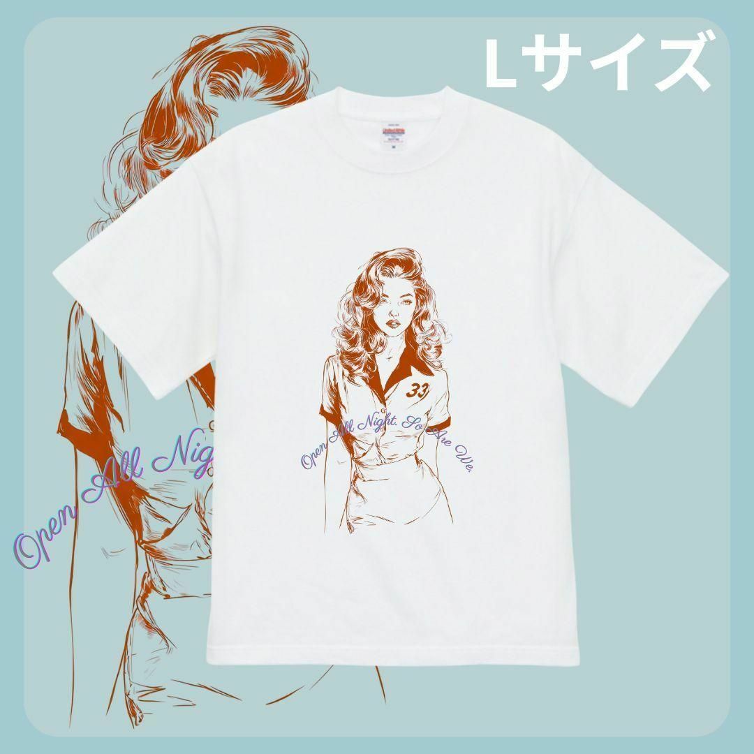 【大人気】 Tシャツ L ホワイト アメカジ風 ガールズデザイン レトロ レディースのトップス(Tシャツ(半袖/袖なし))の商品写真