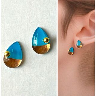 No.155ハンドメイドピアス　イヤリング　涙　雫　ドロップ　ツートン　ゴールド