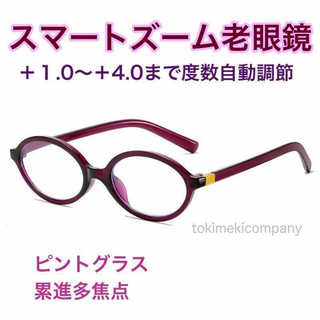 【+1.0～4.0 度数自動調節】ピントグラス スマートズーム 軽量オーバル 紫(サングラス/メガネ)