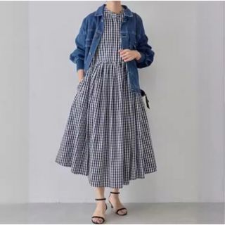 ギャザーワンピース　ロングワンピース　ギンガムチェック　体型カバー　ゆったり(ロングワンピース/マキシワンピース)
