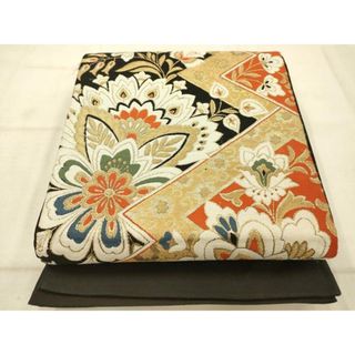 平和屋着物◎六通柄袋帯　松皮菱更紗花文　黒地　金糸　正絹　逸品　AAAU9818fw(帯)