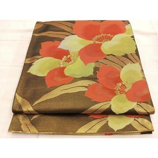 平和屋着物◎六通柄袋帯　草花文　黒地　金糸　正絹　逸品　BAAL7293di(帯)