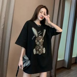 【週末値下げ】レディース うさぎ ビジュー Tシャツ ビッグシルエット 3XL(Tシャツ(半袖/袖なし))