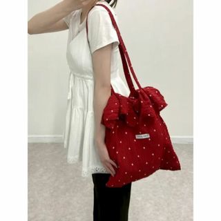 フローラル フリル 大容量 トートバッグ メッシュ レッド 