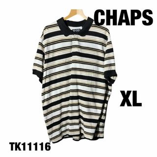 チャップス(CHAPS)のCHAPS 半袖ポロシャツ XL ボーダー ブラック ベージュ 襟付き春夏古着(ポロシャツ)