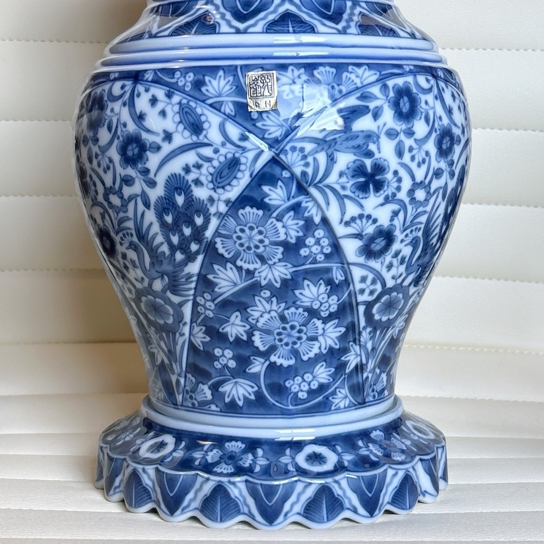 龍峰窯 染付け 花瓶 フラワーベース 大型 美濃焼 - 三洋陶器 龍峰窯 染付 更紗 花瓶 花器 ブルー 花鳥 壺