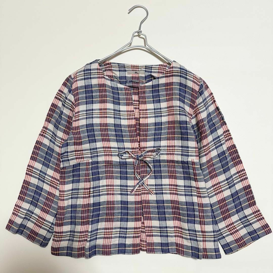 ファッションなデザイン 45R - 美品・希少 45R リネンノーカラー 前開きシャツブラウス トップス