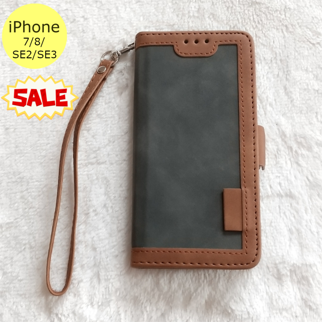 セール中♪ レトロ 手帳型 iPhone7/8/SE2/SE3ケース グレー スマホ/家電/カメラのスマホアクセサリー(iPhoneケース)の商品写真