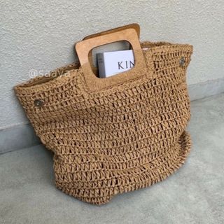 新品｜ウッドハンドル ストロー バッグ カジュアル 茶 ブラウン ハンドバッグ(かごバッグ/ストローバッグ)